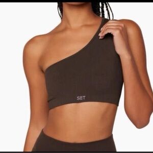 Chocolate Brown one shoulder Set Active sports bra sz Medium Like New